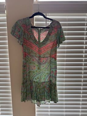 Spell Mint-Pink Paisley Flutter Sleeve Mini Dress